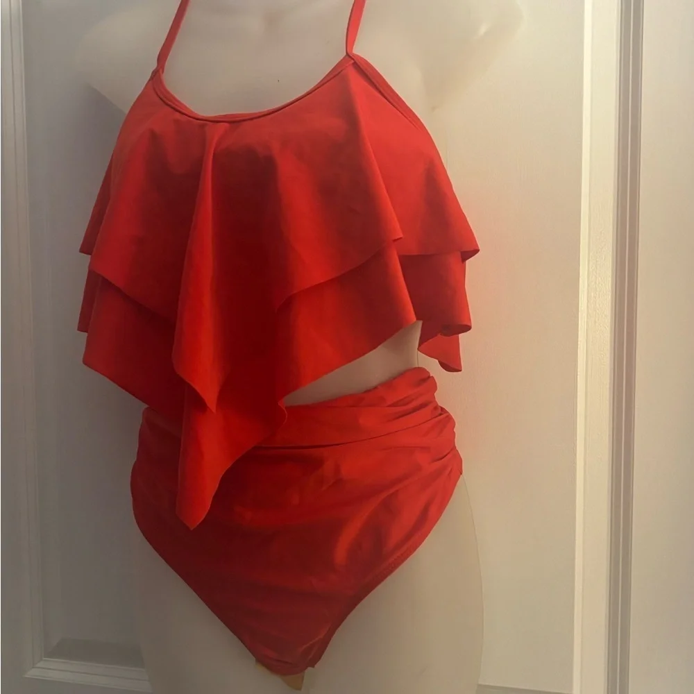 Amazon Red Ruffled Bikini Set Sz S